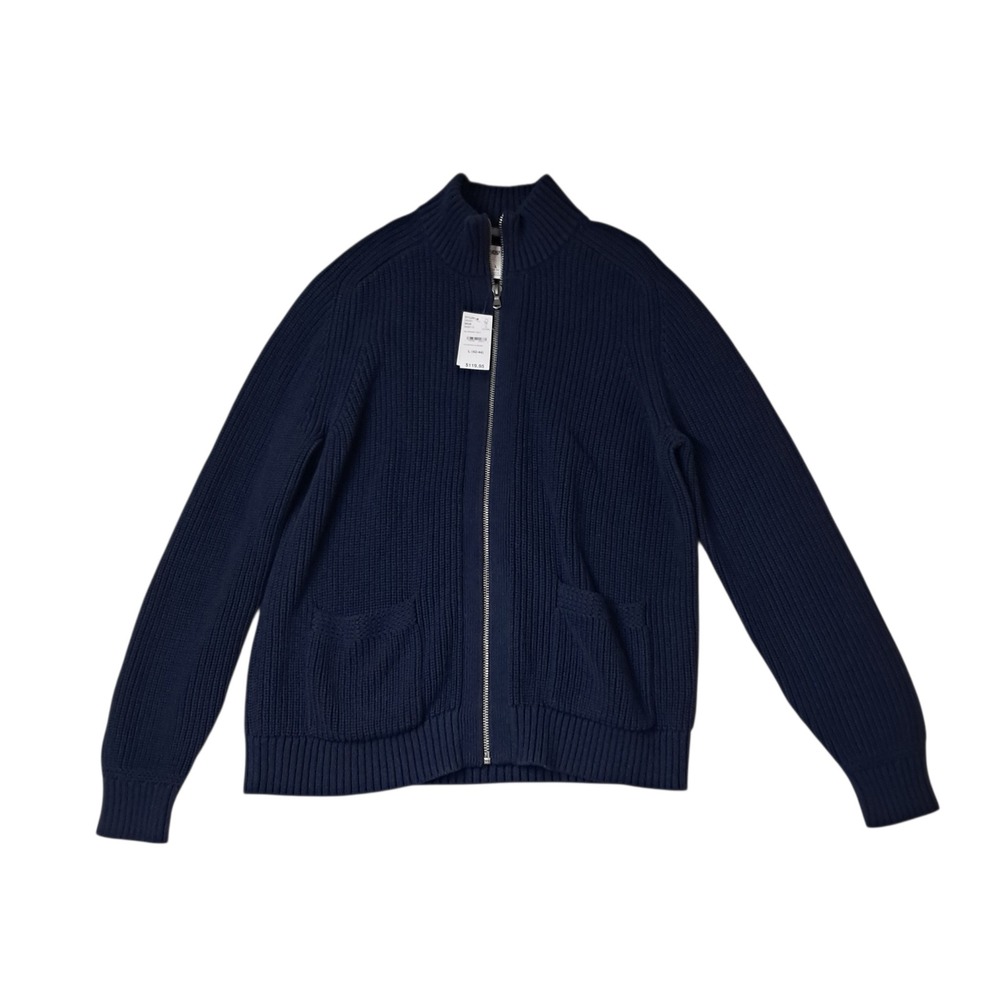 NWT Lands' End Full Zip Sweater Mens‎ Large Blue Drifter Cotton Ribbed Preppy